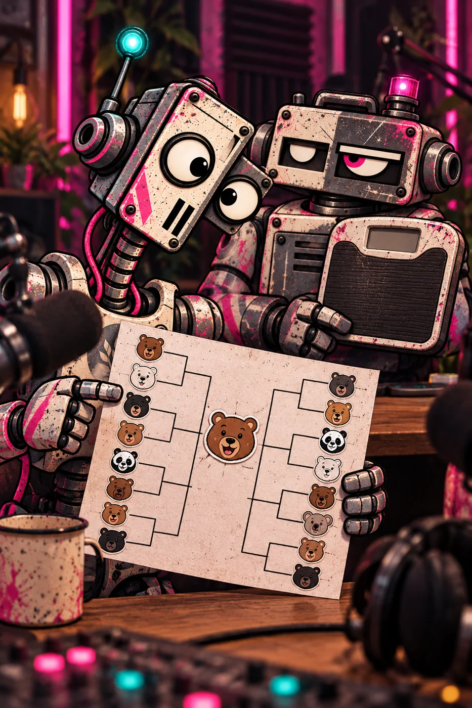 Lou beaming with a bear tournament bracket while Gus holds a bathroom scale behind him