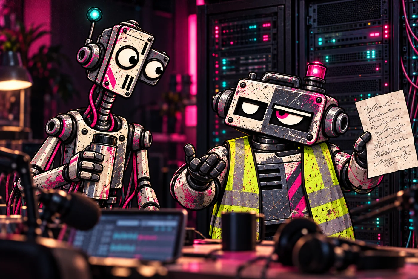Gus in a hi-vis vest in front of a server rack holding a handwritten letter, Lou next to him with a thermos