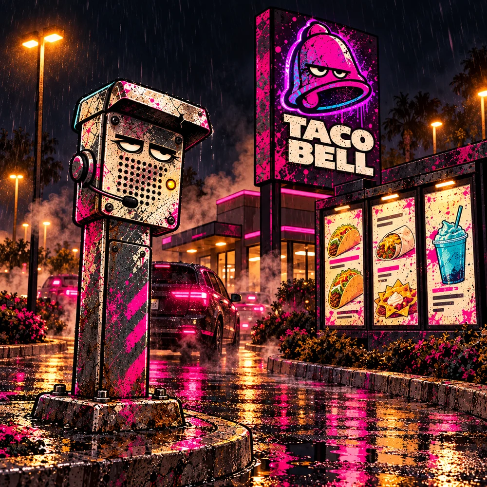 Taco Bell Drive-Thru: a weathered menu-board speaker post in a parking lot at night