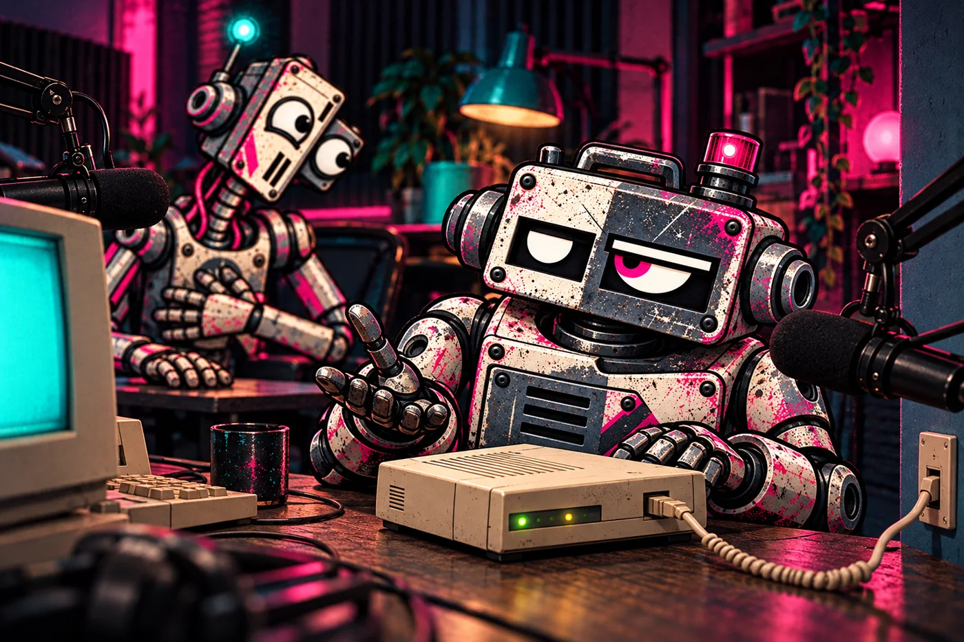 Gus at a desk with a beige dial-up modem and a CRT monitor while Lou laughs behind him